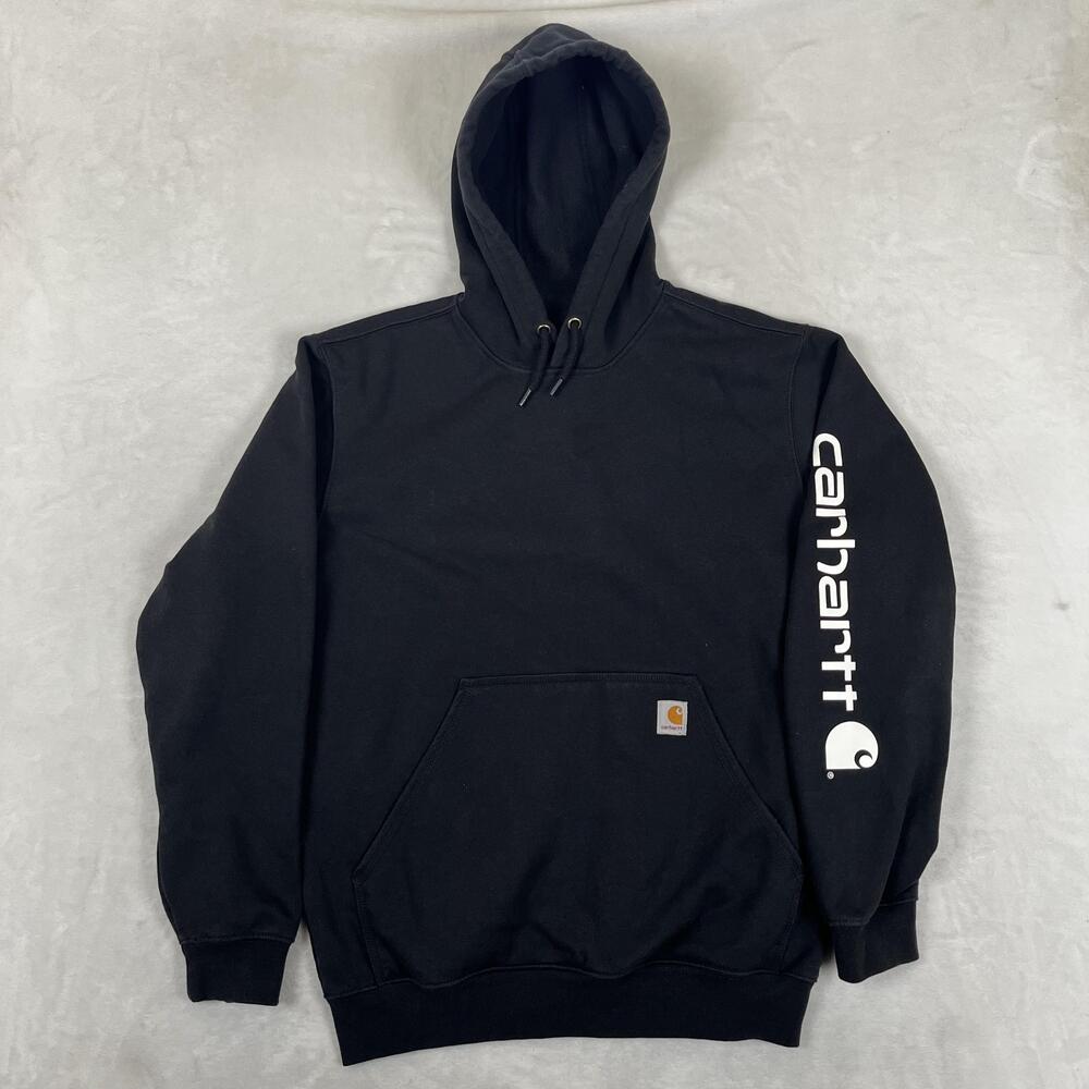 Carhartt Hoodie Mens Medium Black Fleece Pullover Sweatshirt Logo Workwear